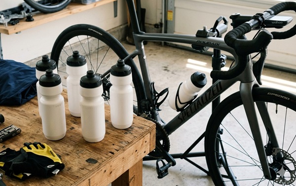 Een foto van racefiets met op de tafel enkele bidons