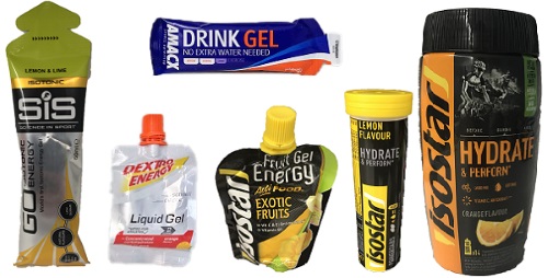 foto's van drinkgel , energygel en isotone sportdrank van verschillend merken