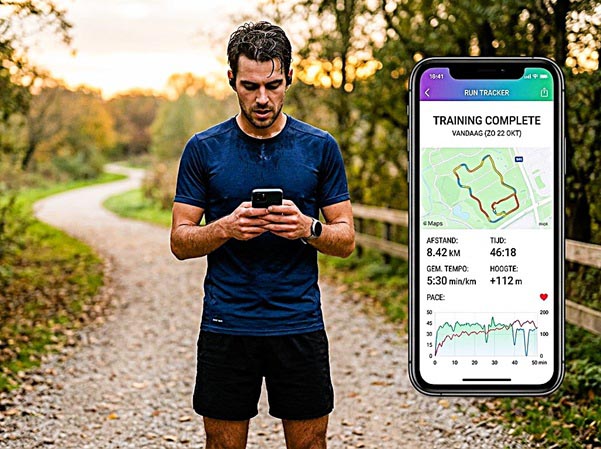 foto een hardlopers die kijkt naar zijn uitgevoerde training